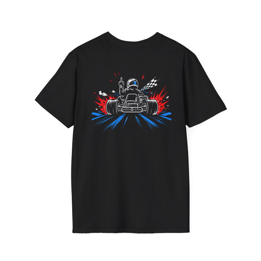 Black t-shirt with You Are Behind In This Race karting print, front view