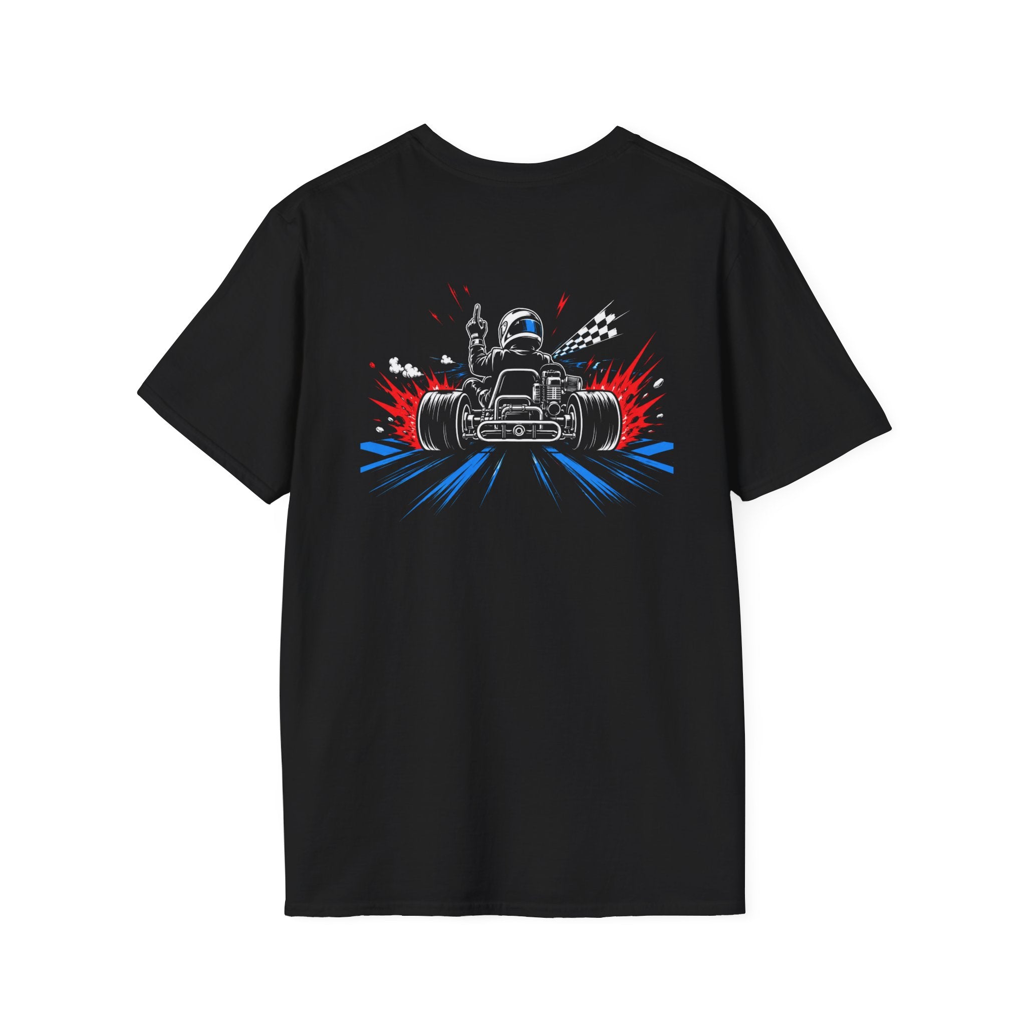 Black t-shirt with You Are Behind In This Race karting print, front view