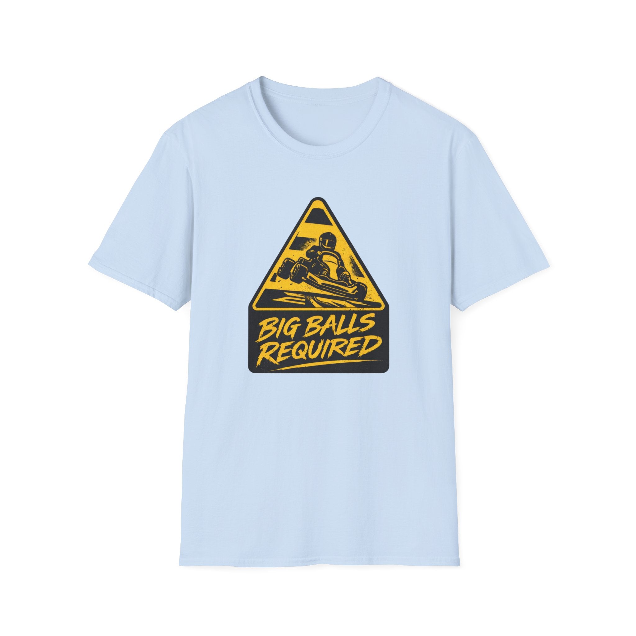 Light blue t-shirt with a yellow and black graphic and text on a white background