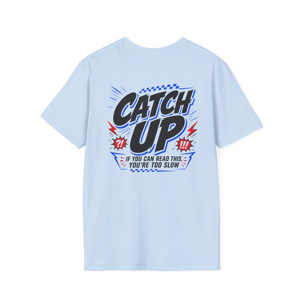 Light blue t-shirt with Catch Up pit board print, front view