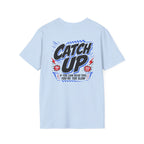 Light blue t-shirt with Catch Up pit board print, front view