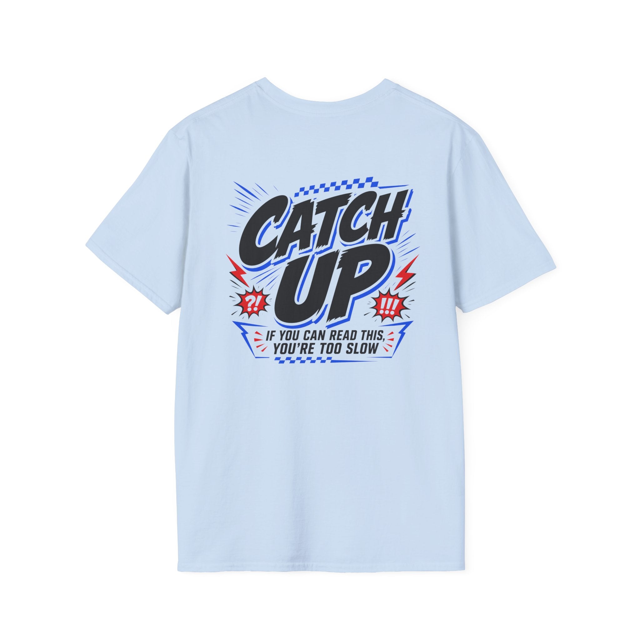 Light blue t-shirt with Catch Up pit board print, front view