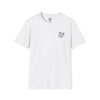 White t-shirt with Catch Up pit board print, front view