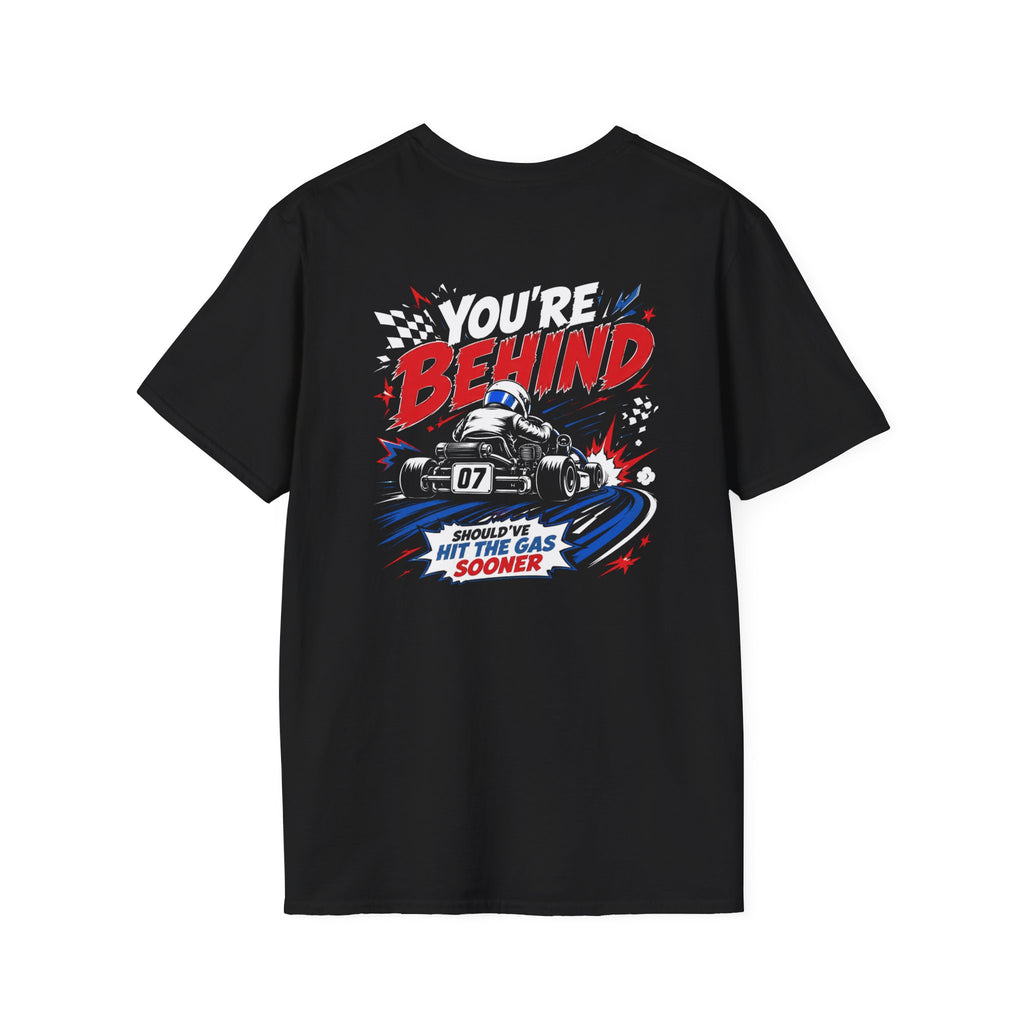 Black t-shirt with Hit The Gas Sooner karting print, front view