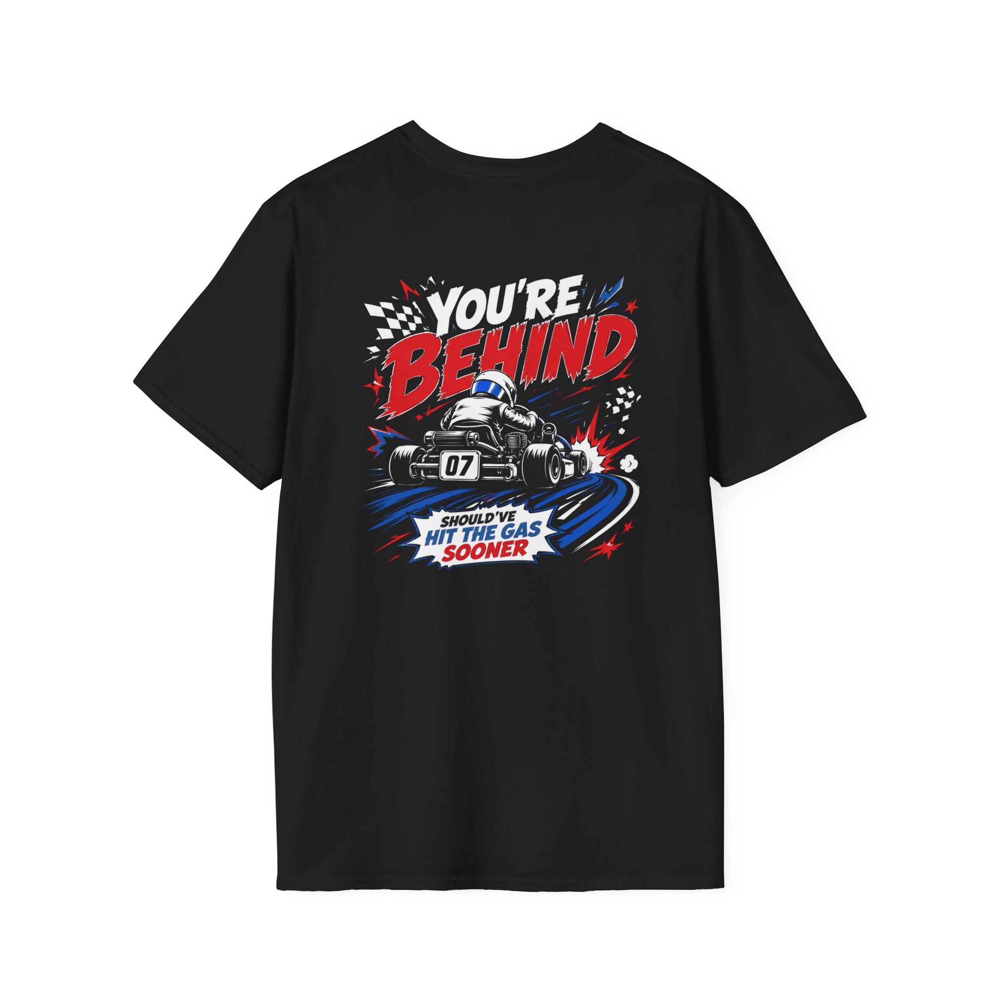 Black t-shirt with Hit The Gas Sooner karting print, front view
