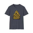 Gray t-shirt with yellow and black graphic and text on a white background