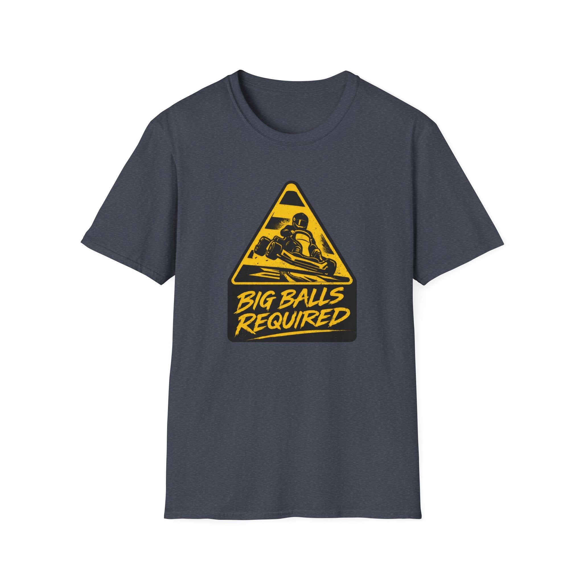 Gray t-shirt with yellow and black graphic and text on a white background