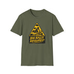Green t-shirt with a yellow and black graphic and text on a white background