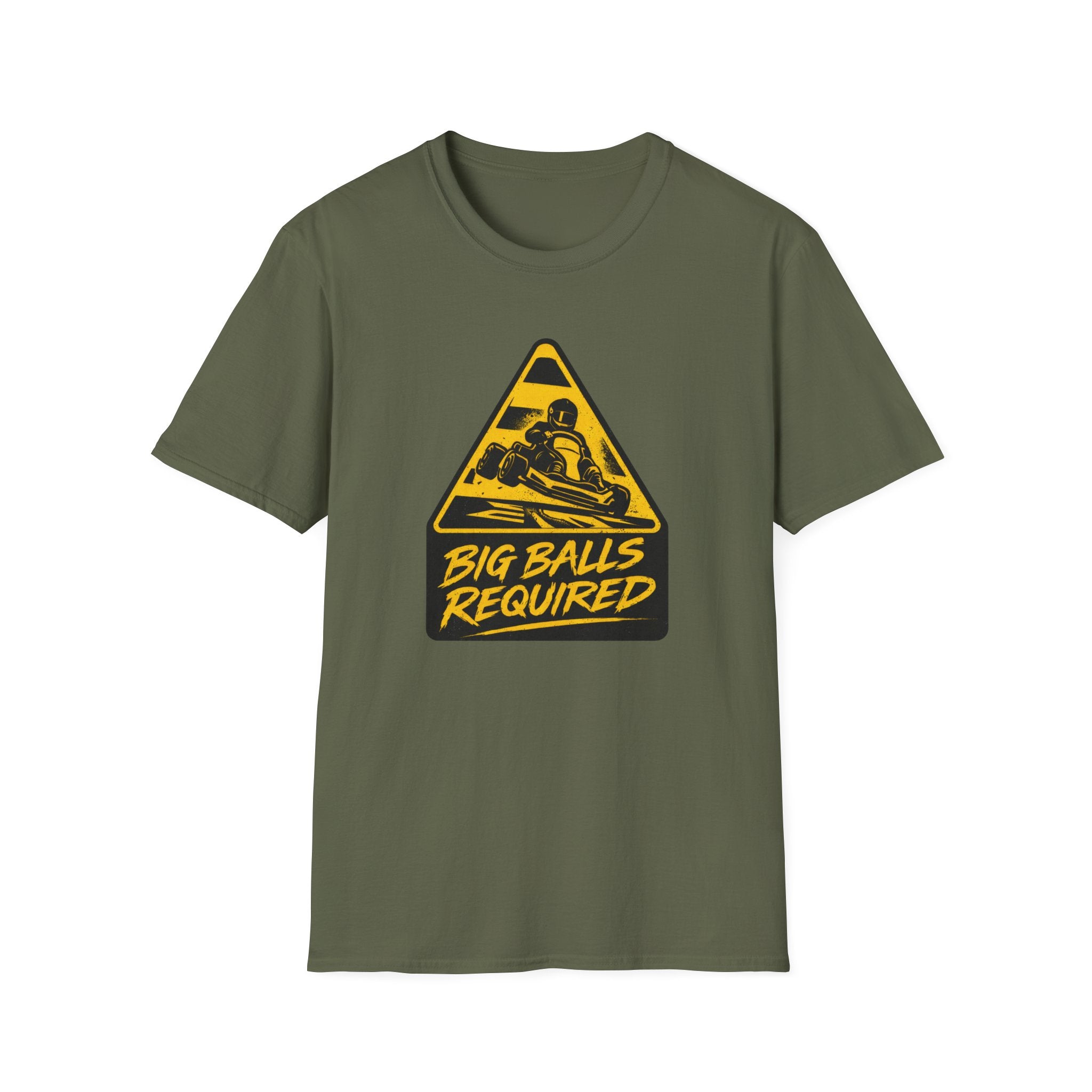 Green t-shirt with a yellow and black graphic and text on a white background