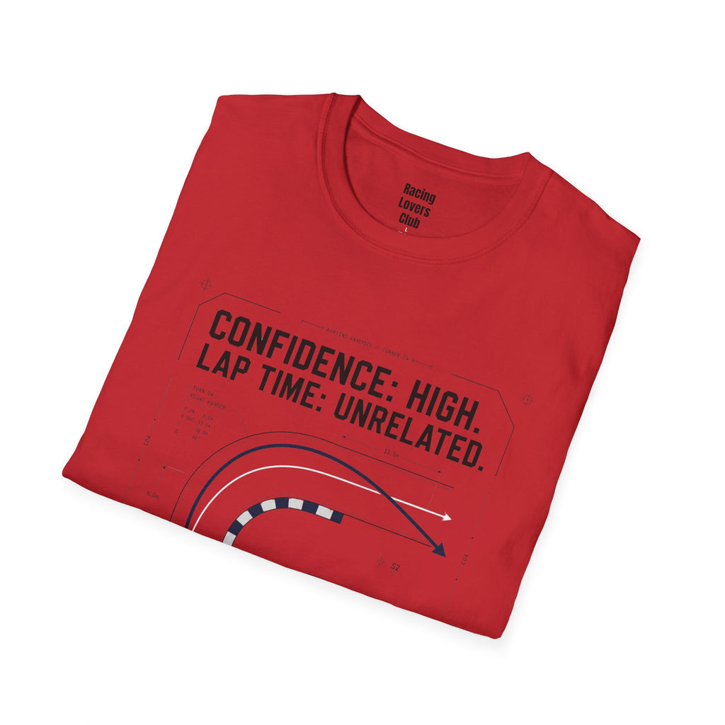 Confidence High. Lap Time Unrelated. T-Shirt — racing-themed graphic tee from Racing Lovers Club