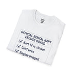 Official Rental Kart Excuse T-Shirt — racing-themed graphic tee from Racing Lovers Club