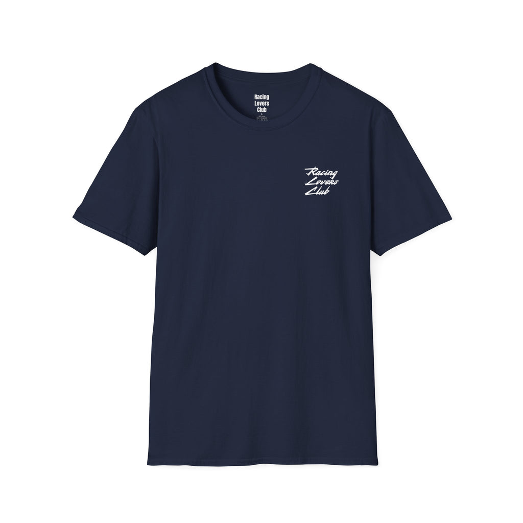 Navy t-shirt with You Are Behind In This Race karting print, front view